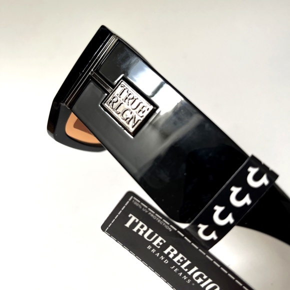 New Original TRUE RELIGION Square Sunglasses Black Acetate Wide Leg Orange Lens - Picture 4 of 6